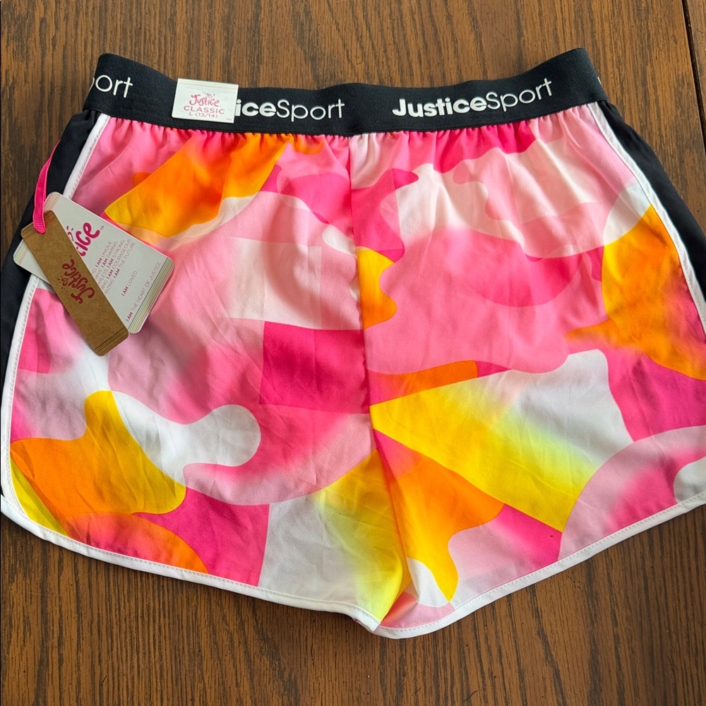 Justice Girls' Pink, Yellow & White Abstract Print Athletic Shorts 12/14 NWT